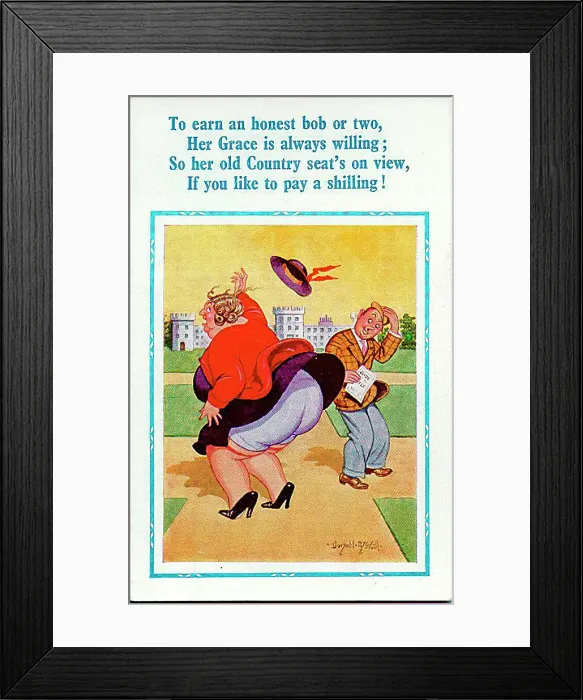 : Comic postcard, Her Grace's country seat - windy day Date: 20th century : Comic postcard, Her Grace's country seat - windy day Date: 20th century