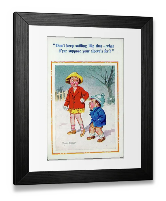 : Comic postcard, Unhappy girl and boy in the snow Date: 20th century : Comic postcard, Unhappy girl and boy in the snow Date: 20th century