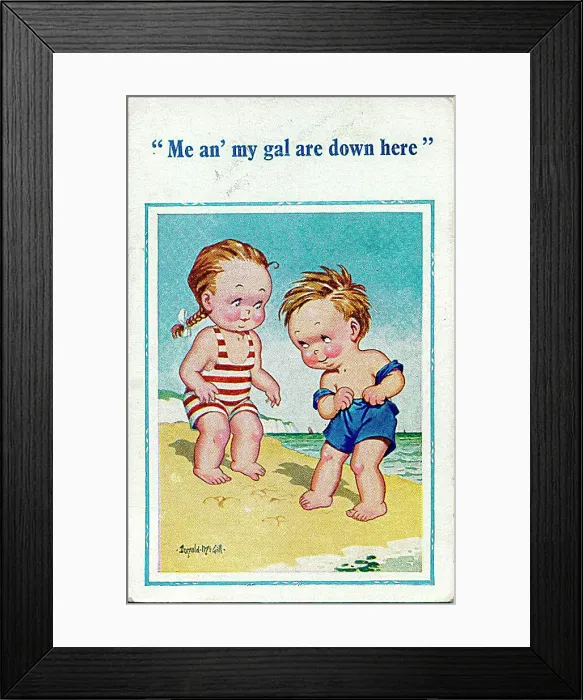 : Comic postcard, Little boy and girl on the beach Date: 20th century : Comic postcard, Little boy and girl on the beach Date: 20th century