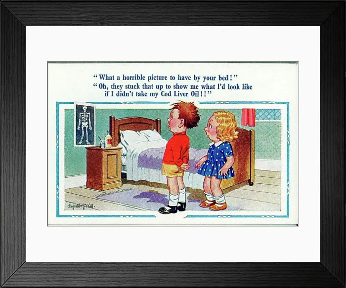 : Comic postcard, Boy and girl in bedroom - skeleton picture Date: 20th century : Comic postcard, Boy and girl in bedroom - skeleton picture Date: 20th century