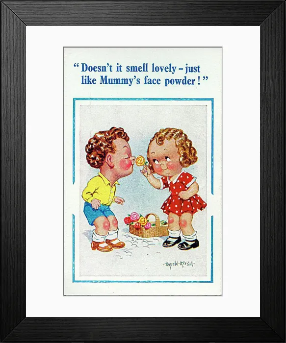 : Comic postcard, Boy and girl smelling roses Date: 20th century : Comic postcard, Boy and girl smelling roses Date: 20th century