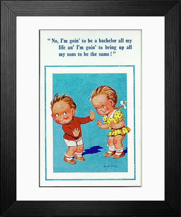 : Comic postcard, Boy determined to remain a bachelor Date: 20th century : Comic postcard, Boy determined to remain a bachelor Date: 20th century