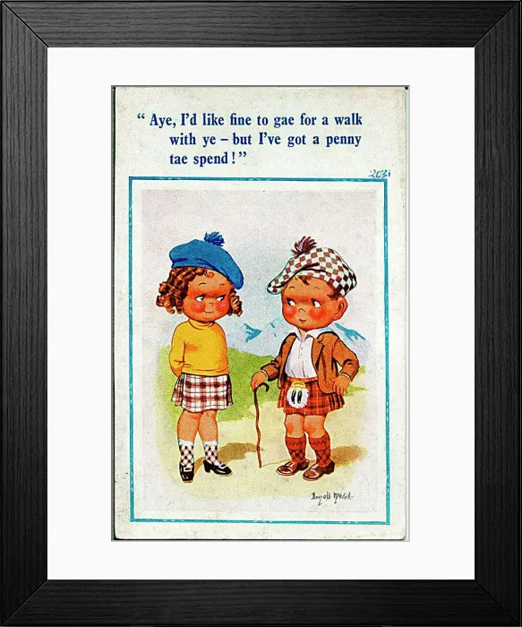 : Comic postcard, Scottish boy and girl chatting Date: 20th century : Comic postcard, Scottish boy and girl chatting Date: 20th century