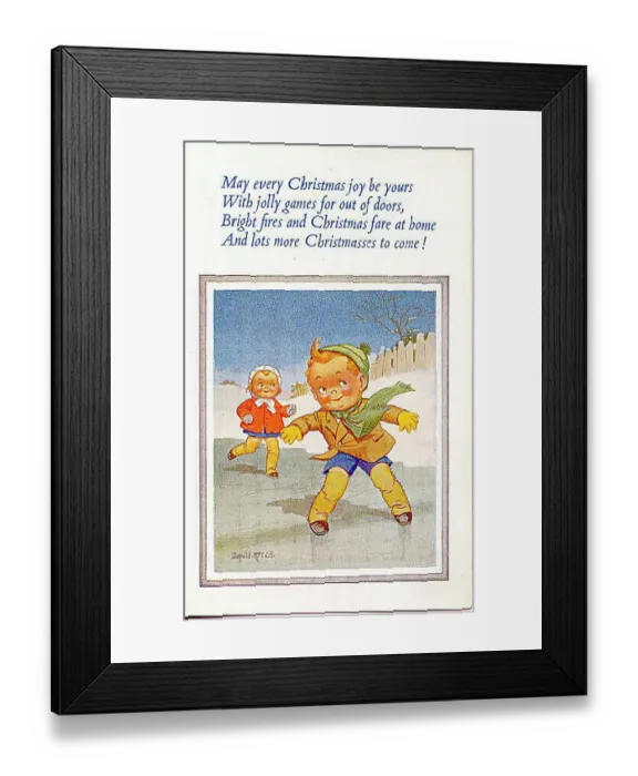 : Christmas postcard, Happy girl and boy ice skating Date: 20th century : Christmas postcard, Happy girl and boy ice skating Date: 20th century