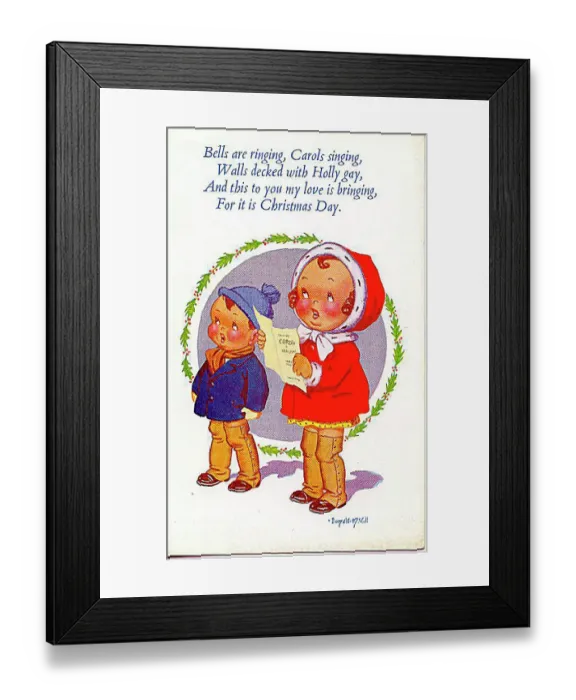 : Christmas postcard, Little girl and boy carol singing Date: 20th century : Christmas postcard, Little girl and boy carol singing Date: 20th century
