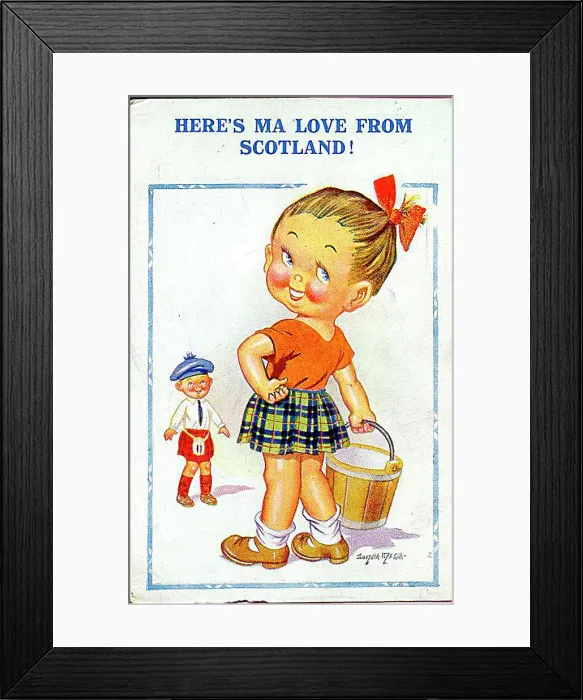: Comic postcard, Scottish girl and boy Date: 20th century : Comic postcard, Scottish girl and boy Date: 20th century