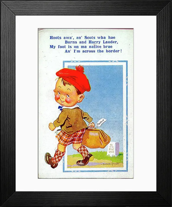 : Comic postcard, Scottish boy happy to be back in Scotland Date: 20th century : Comic postcard, Scottish boy happy to be back in Scotland Date: 20th century