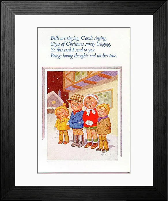 : Christmas postcard, Four children carol singing Date: 20th century : Christmas postcard, Four children carol singing Date: 20th century