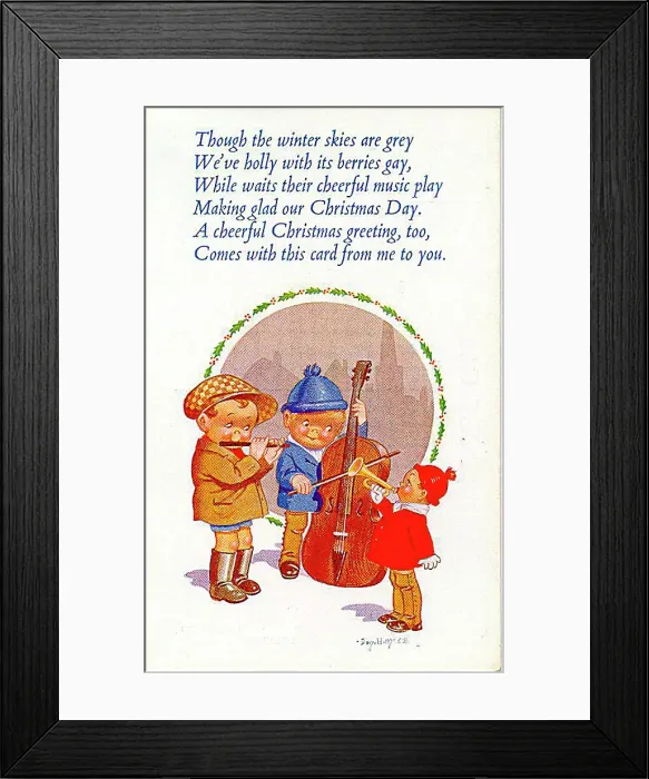  : Christmas postcard, Three boys playing musical instruments in the snow Date: 20th century