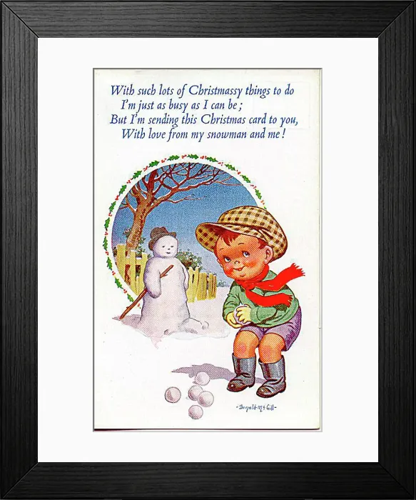: Christmas postcard, Little boy with snowman and snowballs Date: 20th century : Christmas postcard, Little boy with snowman and snowballs Date: 20th century