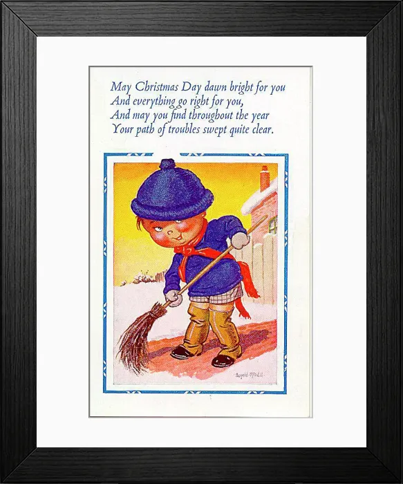 : Christmas postcard, Little boy sweeping away the snow Date: 20th century : Christmas postcard, Little boy sweeping away the snow Date: 20th century