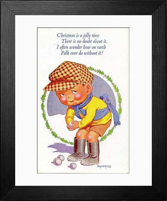 : Christmas postcard, Little boy with snowballs Date: 20th century : Christmas postcard, Little boy with snowballs Date: 20th century