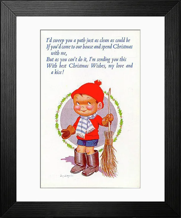 : Christmas postcard, Little boy with sweeping brush Date: 20th century : Christmas postcard, Little boy with sweeping brush Date: 20th century