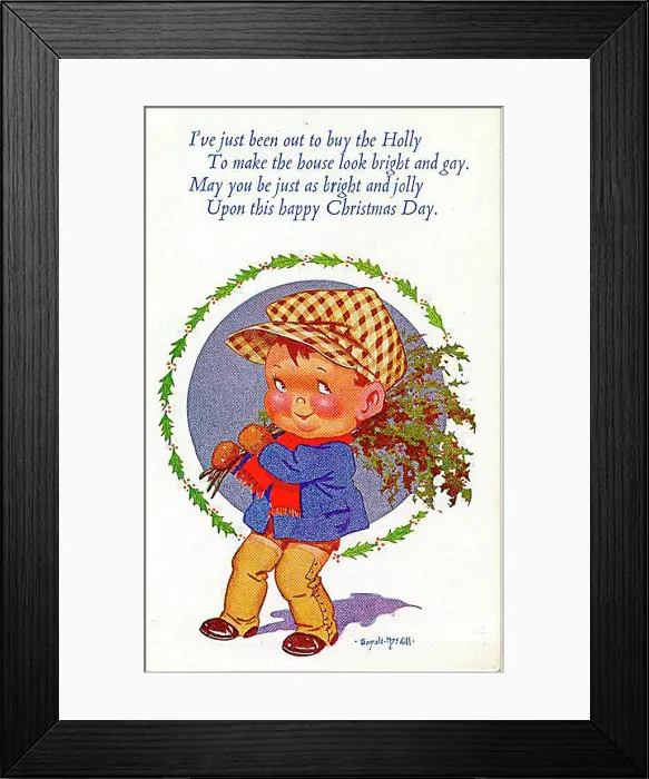 : Christmas postcard, Little boy carrying holly Date: 20th century : Christmas postcard, Little boy carrying holly Date: 20th century