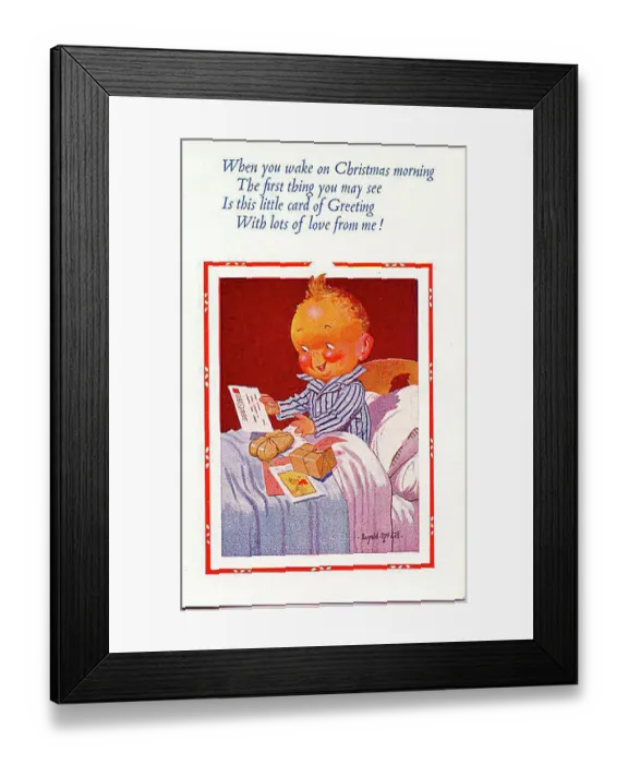  : Christmas postcard, Little boy in bed on Christmas morning - cards and presents Date: 20th century