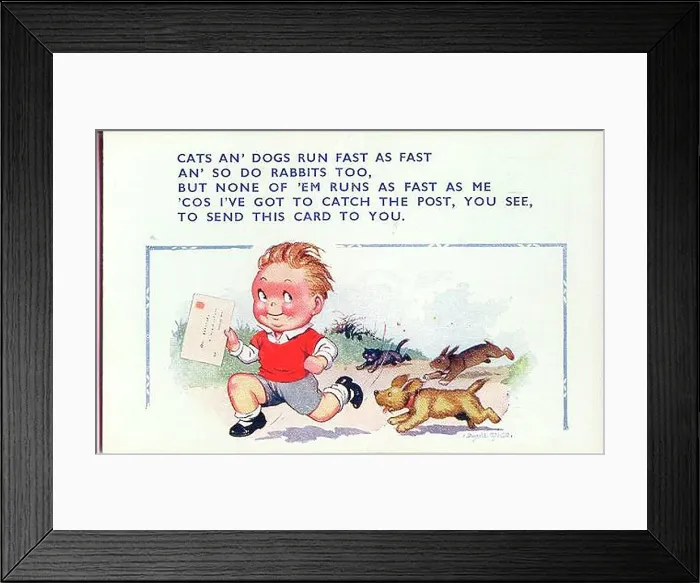 Framed Print : Birthday postcard, Little boy running to the post, chased by a cat, a dog and a rabbit Date: 20th century