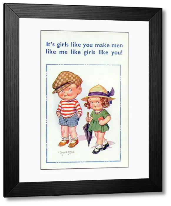 Framed Print : Comic postcard, Boy and girl going for a walk Date: 20th century Framed Print : Comic postcard, Boy and girl going for a walk Date: 20th century