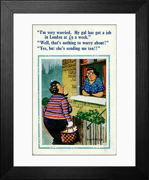 : Comic postcard, Neighbours chat through window Date: 20th century : Comic postcard, Neighbours chat through window Date: 20th century