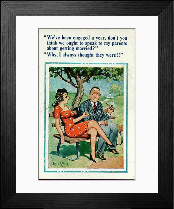 : Comic postcard, Engaged couple sitting on a bench Date: 20th century : Comic postcard, Engaged couple sitting on a bench Date: 20th century