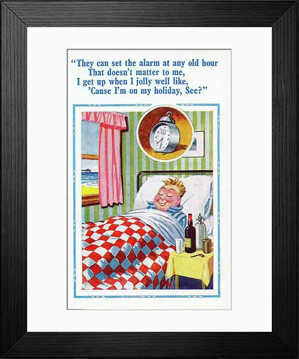  : Comic postcard, Man sleeping late on holiday Date: 20th century
