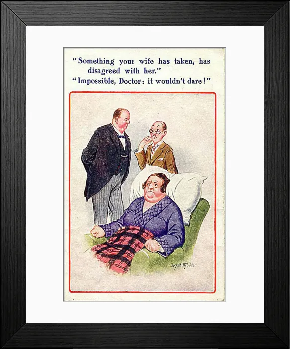 : Comic postcard, Husband, wife and doctor Date: 20th century : Comic postcard, Husband, wife and doctor Date: 20th century