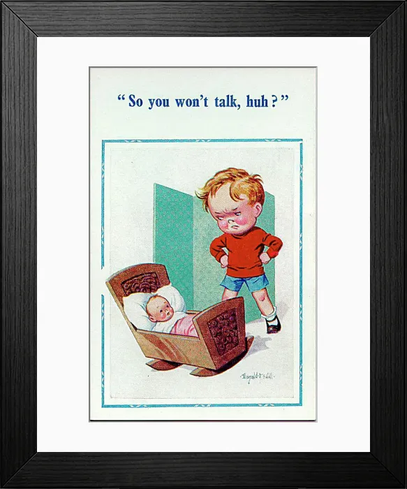 : Comic postcard, Little boy with new baby Date: 20th century : Comic postcard, Little boy with new baby Date: 20th century
