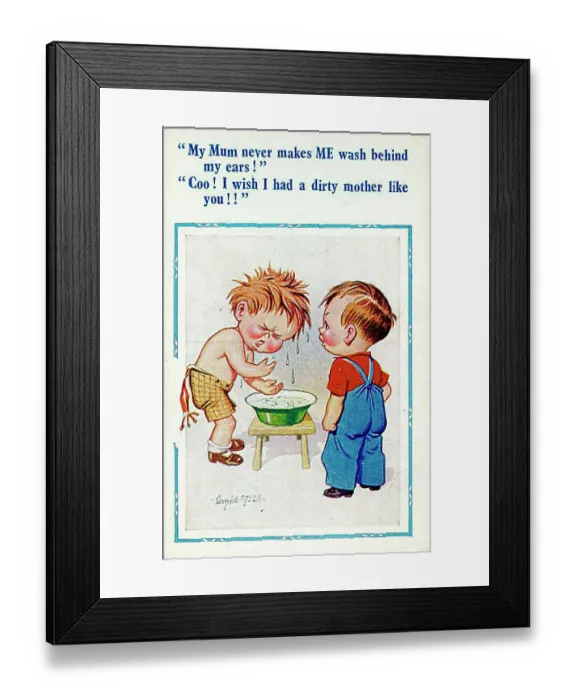 : Comic postcard, Two boys discuss having to wash behind the ears Date: 20th century : Comic postcard, Two boys discuss having to wash behind the ears Date: 20th century