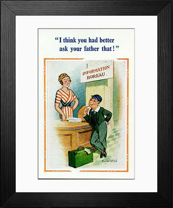 : Comic postcard, Young boy at Information Bureau Date: 20th century : Comic postcard, Young boy at Information Bureau Date: 20th century
