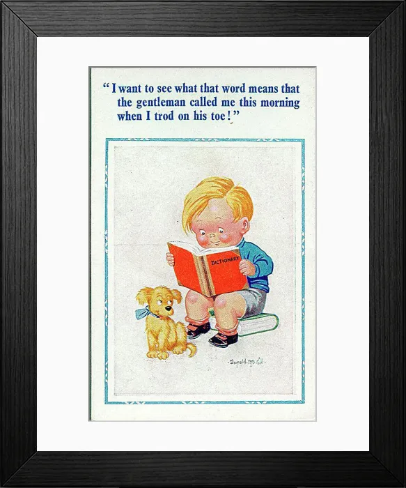 : Comic postcard, Little boy checks word in dictionary Date: 20th century : Comic postcard, Little boy checks word in dictionary Date: 20th century