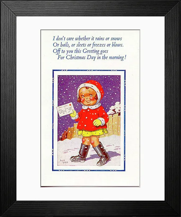 : Christmas postcard, Little girl goes to post a card Date: 20th century : Christmas postcard, Little girl goes to post a card Date: 20th century