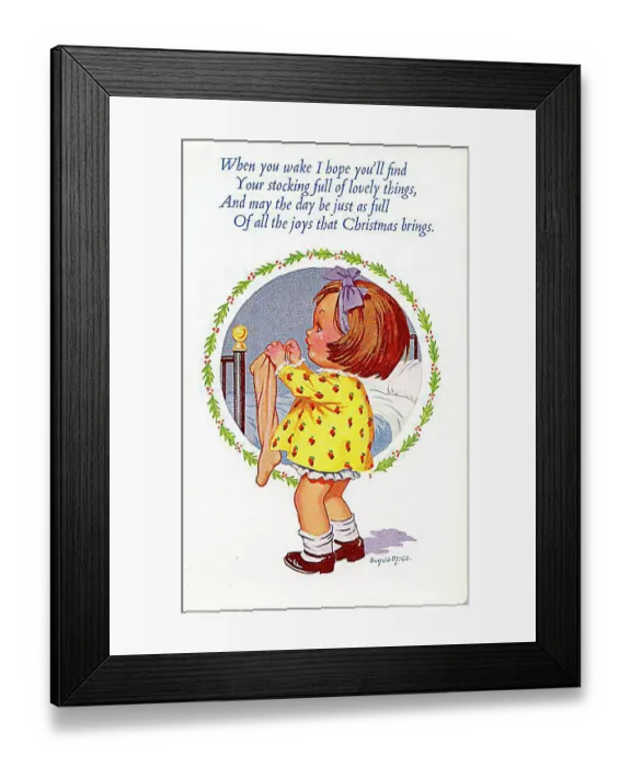 : Christmas postcard, Little girl hanging up stocking Date: 20th century : Christmas postcard, Little girl hanging up stocking Date: 20th century
