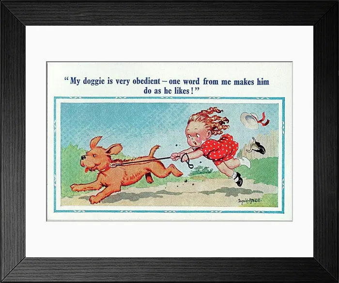 : Comic postcard, Little girl takes dog for walk Date: 20th century : Comic postcard, Little girl takes dog for walk Date: 20th century