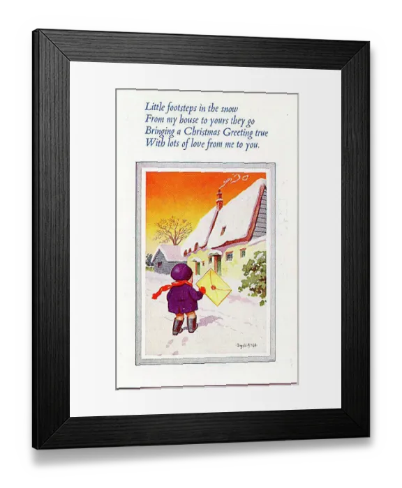 : Christmas postcard, Little child goes to post a card Date: 20th century : Christmas postcard, Little child goes to post a card Date: 20th century