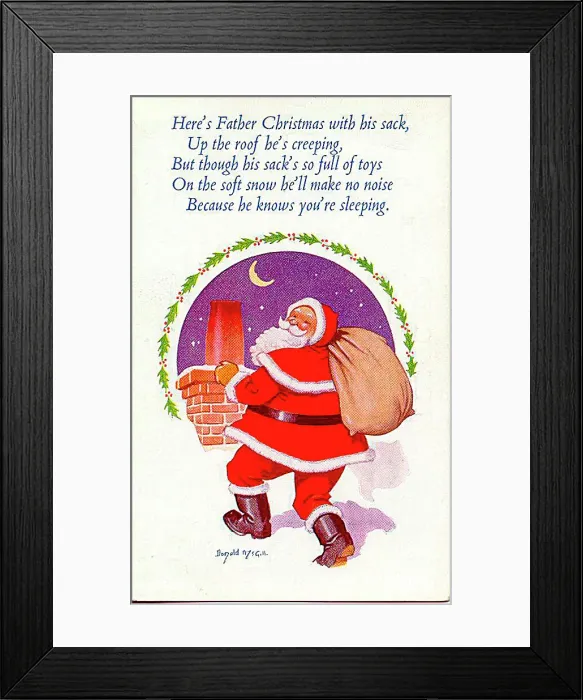 : Christmas postcard, Santa Claus approaches chimney Date: 20th century : Christmas postcard, Santa Claus approaches chimney Date: 20th century