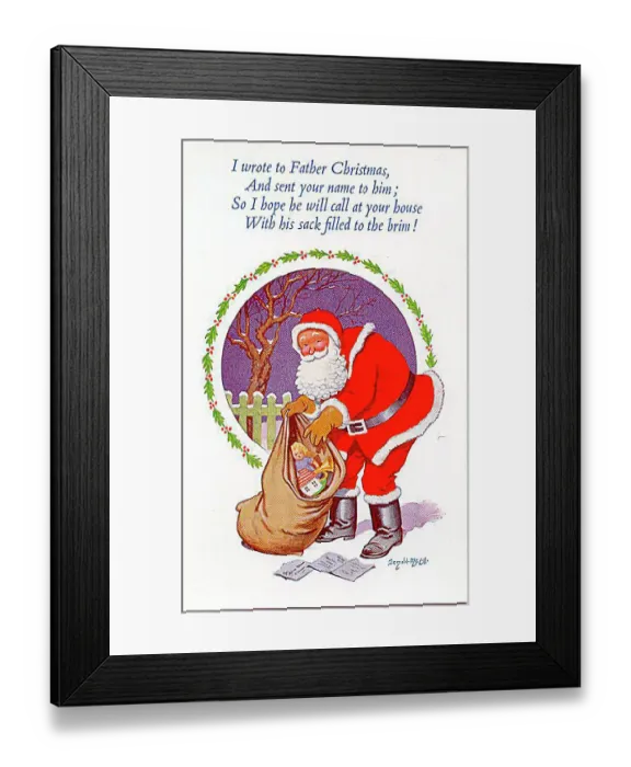 : Christmas postcard, Santa Claus with sack of presents Date: 20th century : Christmas postcard, Santa Claus with sack of presents Date: 20th century