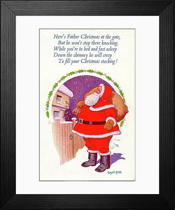 : Christmas postcard, Santa Claus approaches house Date: 20th century : Christmas postcard, Santa Claus approaches house Date: 20th century