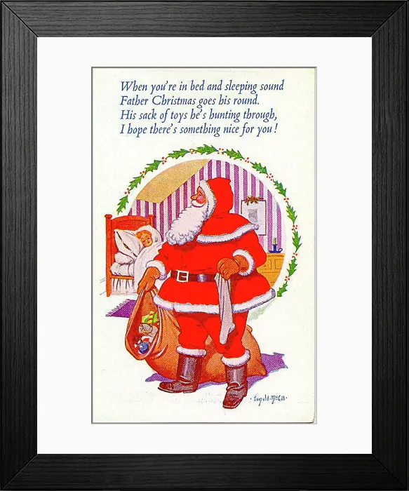 : Christmas postcard, Santa Claus with sack of toys Date: 20th century : Christmas postcard, Santa Claus with sack of toys Date: 20th century