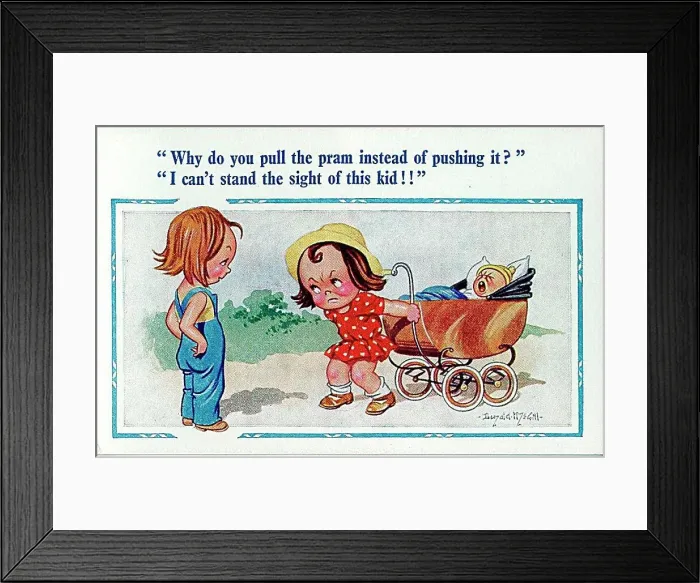 : Comic postcard, Girls with crying baby in a pram Date: 20th century : Comic postcard, Girls with crying baby in a pram Date: 20th century