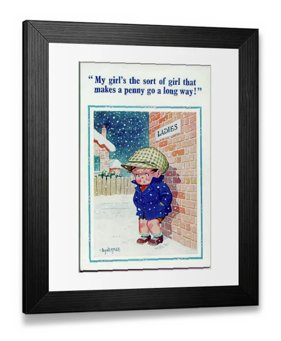: Comic postcard, Little boy waits for his girlfriend to come out of the Ladies Date: 20th century : Comic postcard, Little boy waits for his girlfriend to come out of the Ladies Date: 20th century