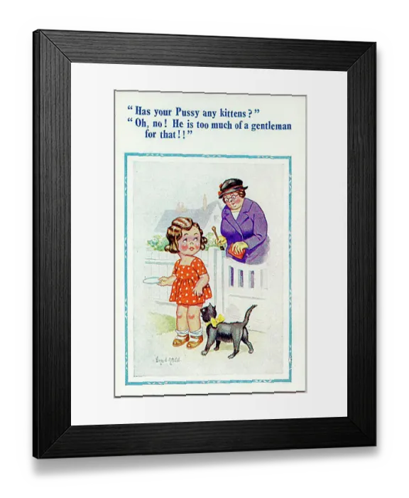 : Comic postcard, Woman, little girl and cat Date: 20th century : Comic postcard, Woman, little girl and cat Date: 20th century