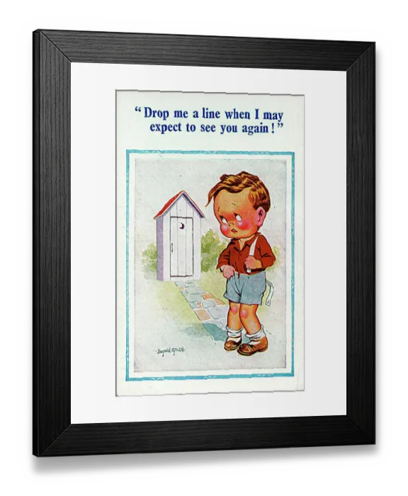 : Comic postcard, Little boy approaches outdoor toilet Date: 20th century : Comic postcard, Little boy approaches outdoor toilet Date: 20th century