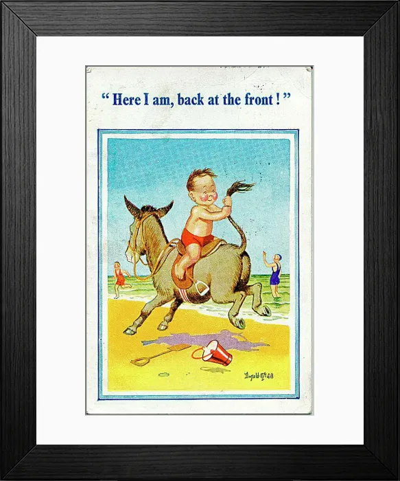 : Comic postcard, Little boy riding a donkey on the beach - back at the front Date: 20th century : Comic postcard, Little boy riding a donkey on the beach - back at the front Date: 20th century