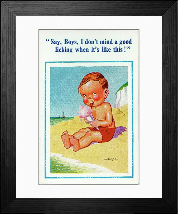 : Comic postcard, Little boy with ice cream on the beach Date: 20th century : Comic postcard, Little boy with ice cream on the beach Date: 20th century