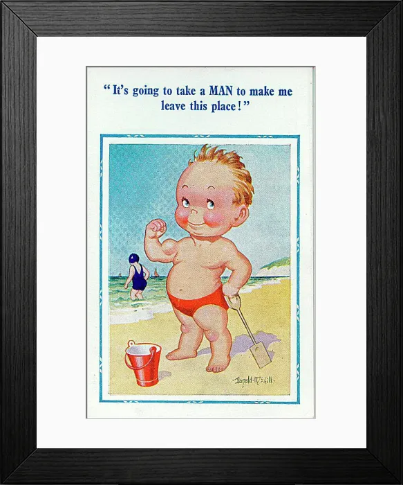 : Comic postcard, Little boy on the beach with bucket and spade Date: 20th century : Comic postcard, Little boy on the beach with bucket and spade Date: 20th century