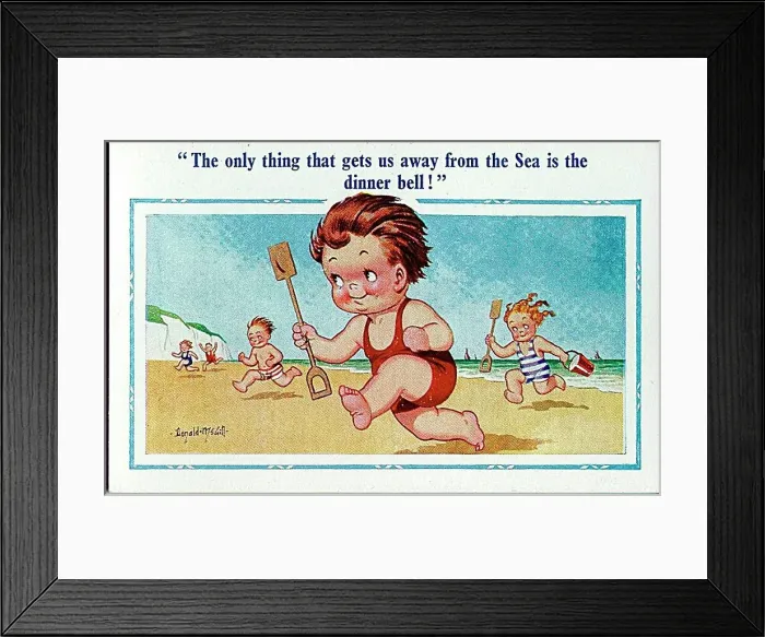 : Comic postcard, Children running across the beach - dinner bell Date: 20th century : Comic postcard, Children running across the beach - dinner bell Date: 20th century