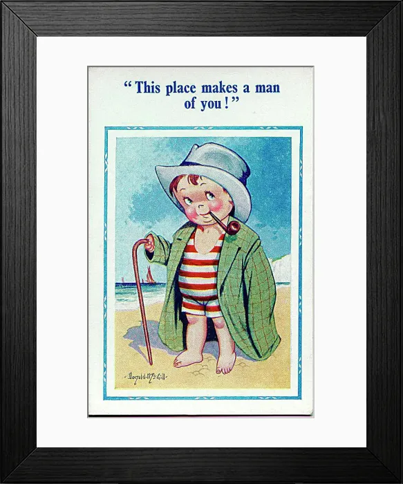  : Comic postcard, Little boy on the beach in hat and coat Date: 20th century