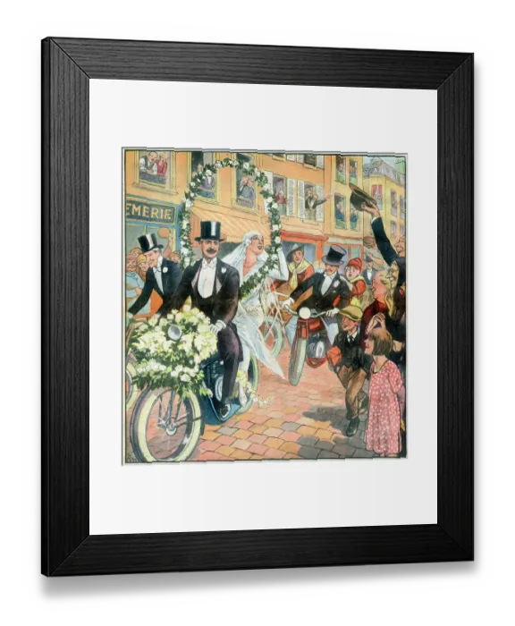 Framed Print : A motor-cycle wedding - not only the bride and groom, but all the guests take part in a procession which entertains passers by in Lilas, Paris Date: 1928 Framed Print : A motor-cycle wedding - not only the bride and groom, but all the guests take part in a procession which entertains passers by in Lilas, Paris Date: 1928