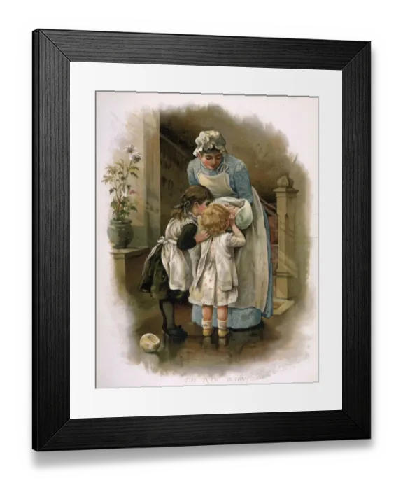 Framed Print : Nanny holding new baby for children to see Framed Print : Nanny holding new baby for children to see
