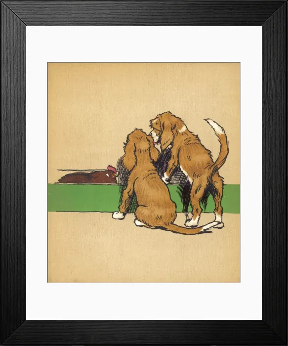 Framed Print : Twin puppies with hen Framed Print : Twin puppies with hen