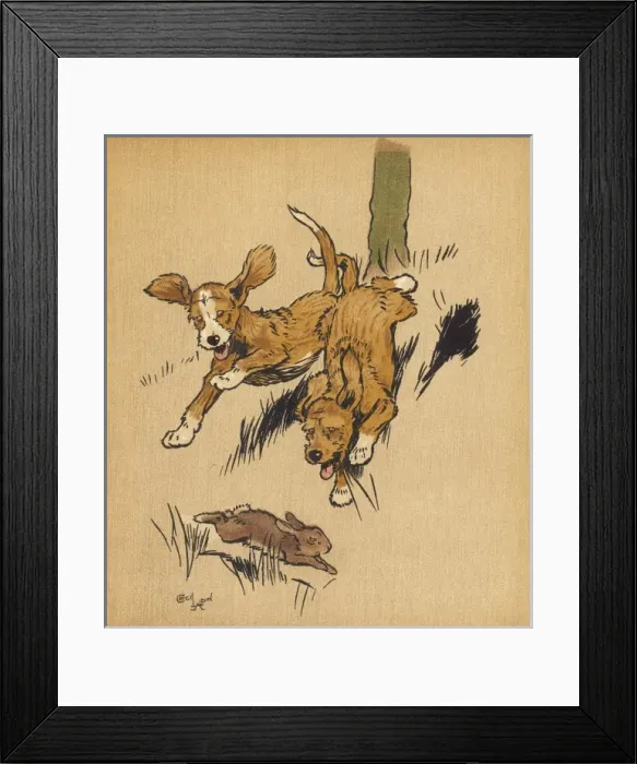 Framed Print : Twin puppies chasing a rabbit Framed Print : Twin puppies chasing a rabbit